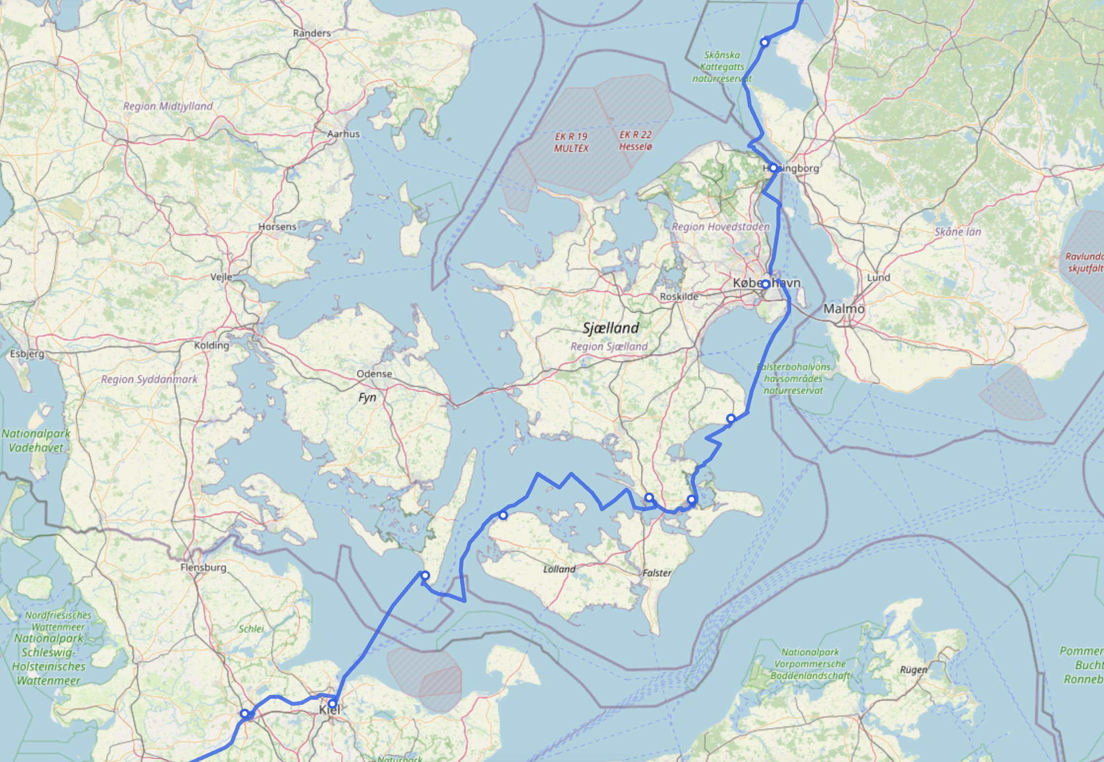 Sailing track traced on a map showing a voyage with stopovers